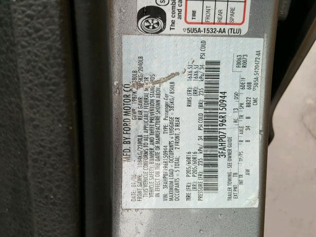 3FAHP07196R150944 - 2006 FORD FUSION SE GRAY photo 10