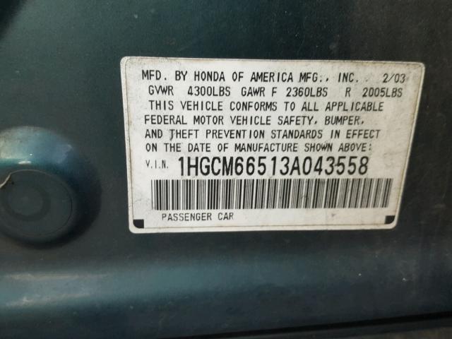 1HGCM66513A043558 - 2003 HONDA ACCORD EX GREEN photo 10