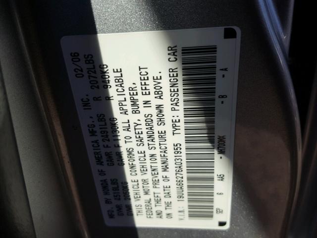 19UUA66276A031955 - 2006 ACURA 3.2TL SILVER photo 10