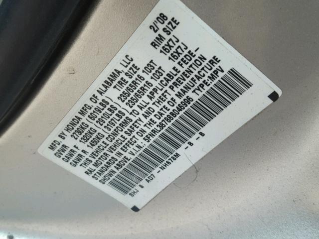 5FNRL38788B046996 - 2008 HONDA ODYSSEY EX SILVER photo 10