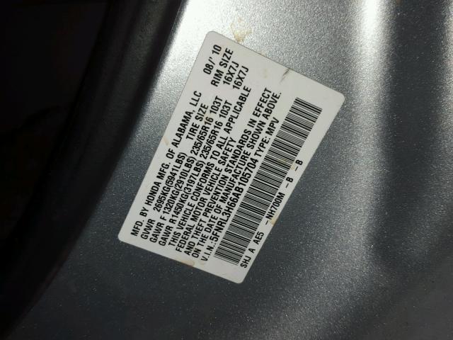 5FNRL3H66AB105704 - 2010 HONDA ODYSSEY EX SILVER photo 10