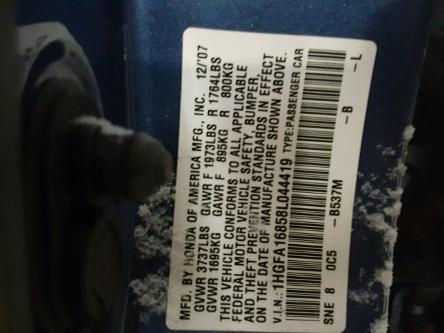 1HGFA16858L044419 - 2008 HONDA CIVIC EX Mavi foto 10