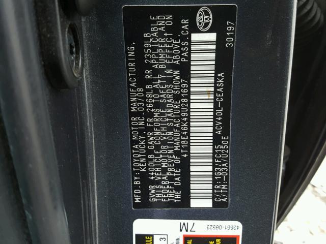 4T1BE46K49U281697 - 2009 TOYOTA CAMRY BASE GRAY photo 10