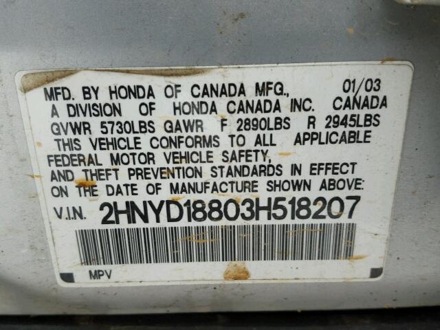 2HNYD18803H518207 - 2003 ACURA MDX TOURIN SILVER photo 10