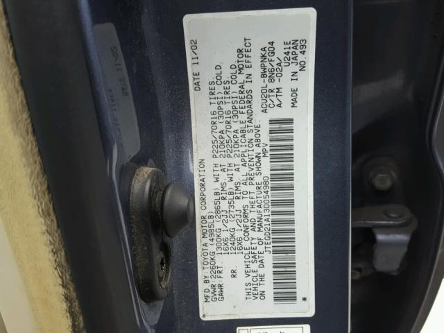 JTEGD21A130054980 - 2003 TOYOTA HIGHLANDER BLUE photo 10