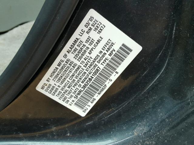 5FNRL38625B410087 - 2005 HONDA ODYSSEY EX BLUE photo 10