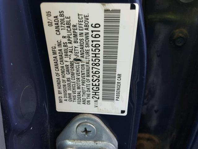 2HGES26785H561616 - 2005 HONDA CIVIC EX BLUE photo 10