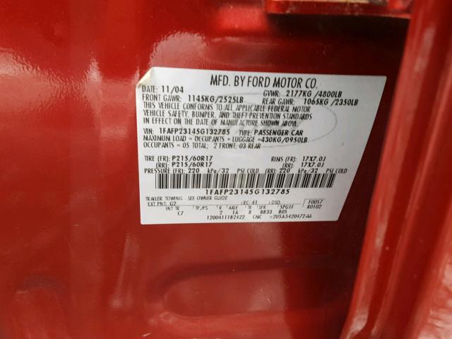 1FAFP23145G132785 - 2005 FORD FIVE HUNDR RED photo 10