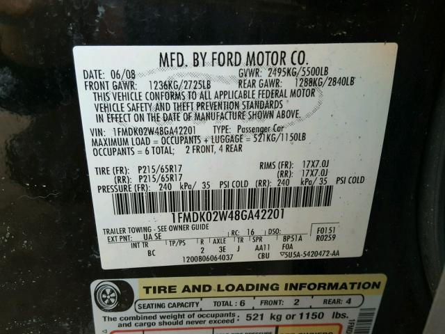 1FMDK02W48GA42201 - 2008 FORD TAURUS X S BLACK photo 10