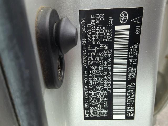 JTDKB20U640069802 - 2004 TOYOTA PRIUS SILVER photo 10