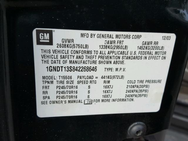 1GNDT13S842268646 - 2004 CHEVROLET TRAILBLAZE GREEN photo 10