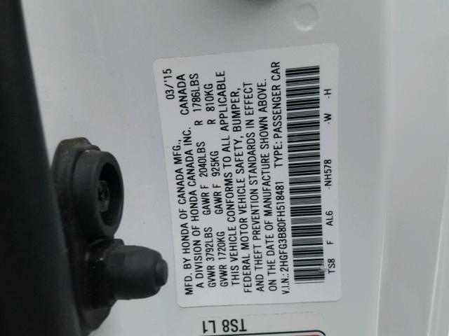 2HGFG3B80FH518481 - 2015 HONDA CIVIC EX თეთრი ფოტო 10