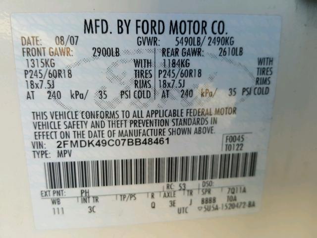 2FMDK49C07BB48461 - 2007 FORD EDGE SEL P CREAM photo 10