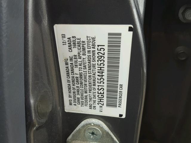 2HGES15544H539251 - 2004 HONDA CIVIC LX GRAY photo 10