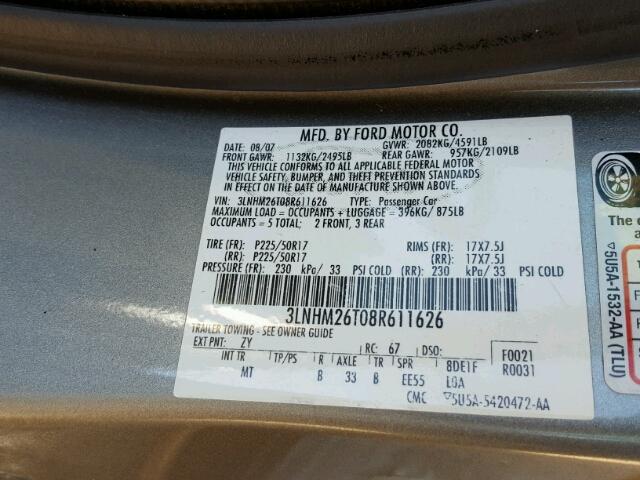 3LNHM26T08R611626 - 2008 LINCOLN MKZ SILVER photo 10