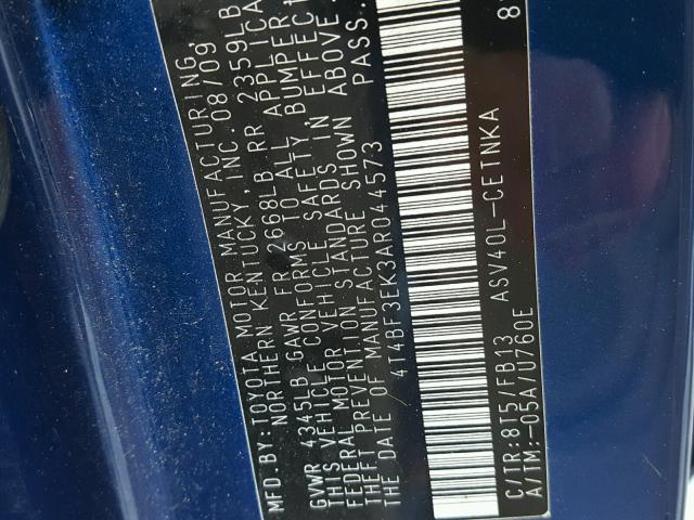 4T4BF3EK3AR044573 - 2010 TOYOTA CAMRY LE ლურჯი ფოტო 10