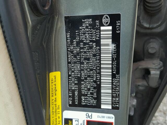 4T4BF1FK3CR161379 - 2012 TOYOTA CAMRY BASE GRAY photo 10