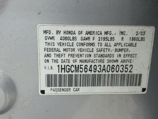 1HGCM56493A060352 - 2003 HONDA ACCORD LX SILVER photo 10