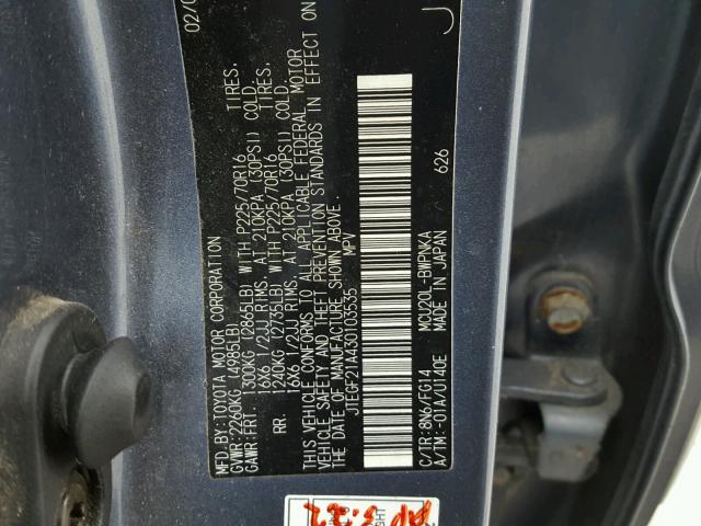 JTEGF21A430103535 - 2003 TOYOTA HIGHLANDER BLUE photo 10