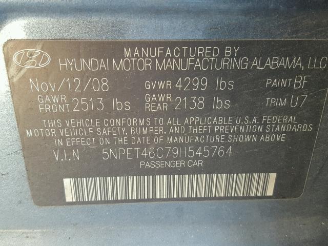 5NPET46C79H545764 - 2009 HYUNDAI SONATA GLS BLUE photo 10