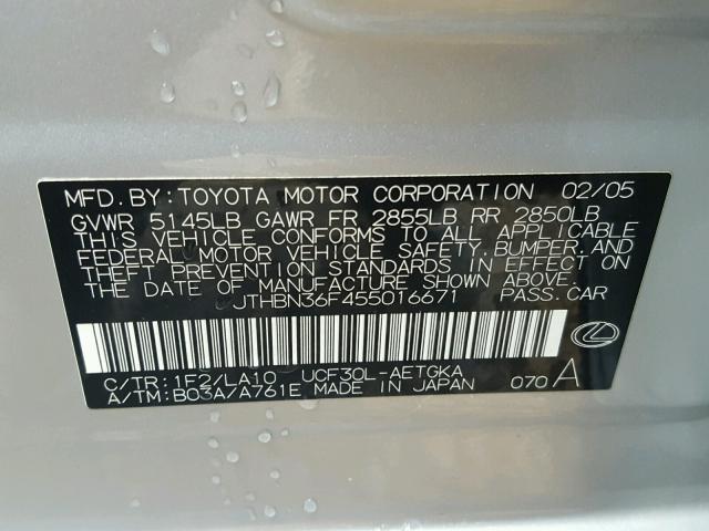 JTHBN36F455016671 - 2005 LEXUS LS 430 GRAY photo 10