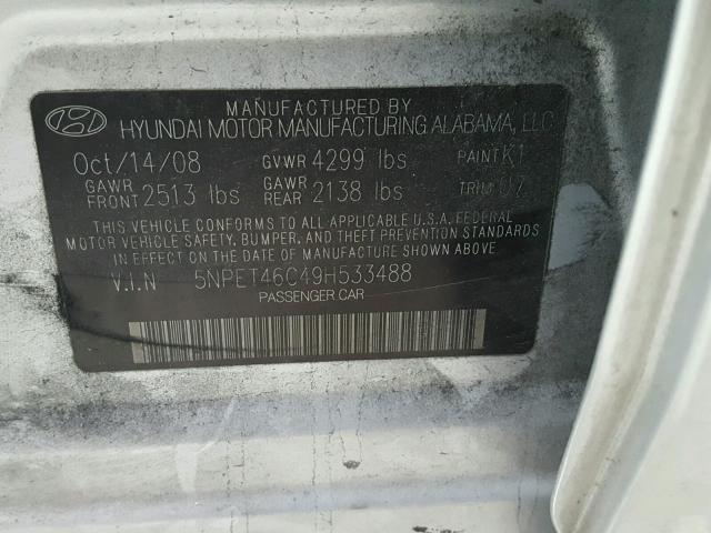 5NPET46C49H533488 - 2009 HYUNDAI SONATA GLS SILVER photo 10