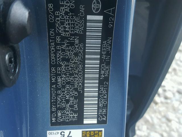 JTDKB20U987755426 - 2008 TOYOTA PRIUS BLUE photo 10