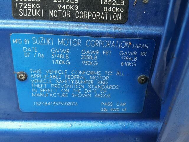 JS2YB413575102006 - 2007 SUZUKI SX4 BLUE photo 10