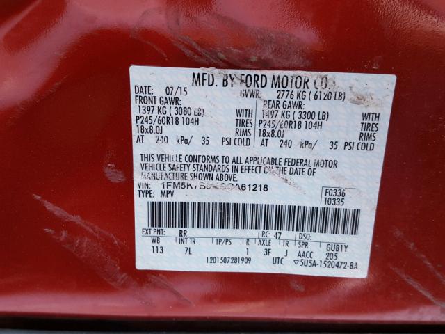 1FM5K7B8XGGA61218 - 2016 FORD EXPLORER RED photo 10