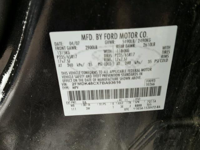 2FMDK48CX7BA93616 - 2007 FORD EDGE SEL BLACK photo 10