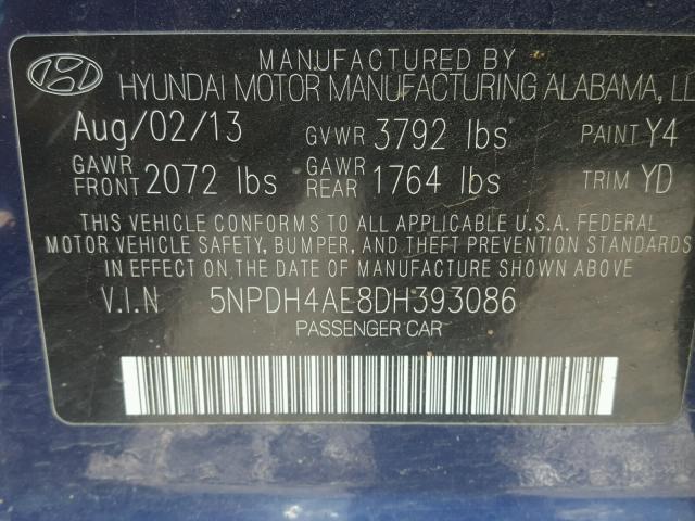 5NPDH4AE8DH393086 - 2013 HYUNDAI ELANTRA GL BLUE photo 10