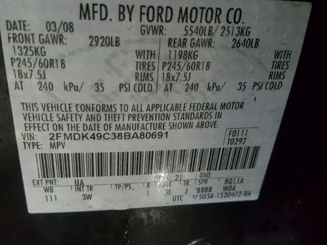 2FMDK49C38BA80691 - 2008 FORD EDGE LIMIT BLACK photo 10