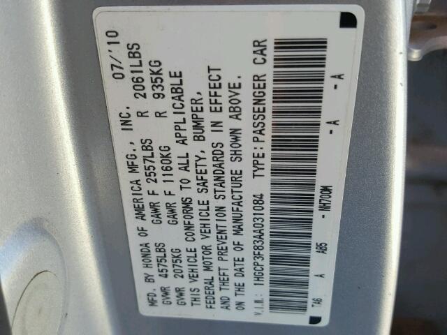 1HGCP3F83AA031084 - 2010 HONDA ACCORD EXL SILVER photo 10