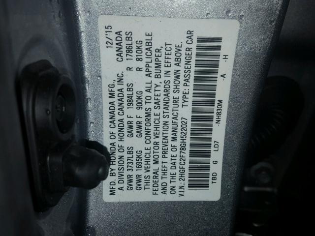 2HGFC2F78GH522027 - 2016 HONDA CIVIC EX ვერცხლისფერი ფოტო 10