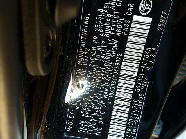 4T1BK3DB4CU459072 - 2012 TOYOTA AVALON BAS 黑色 照片 10