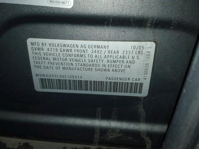 WVWAU93C86E105514 - 2006 VOLKSWAGEN PASSAT GRAY photo 10