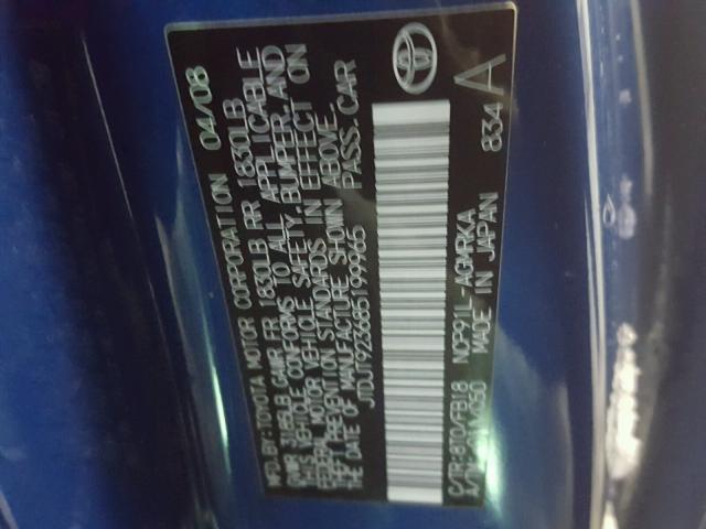 JTDJT923685199965 - 2008 TOYOTA YARIS BLUE photo 10