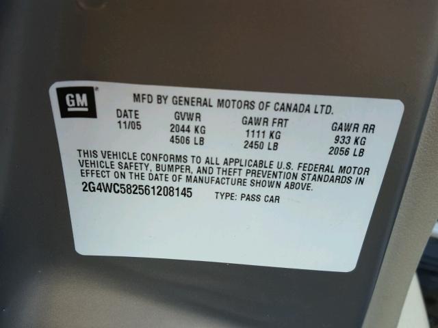 2G4WC582561208145 - 2006 BUICK LACROSSE C TAN photo 10