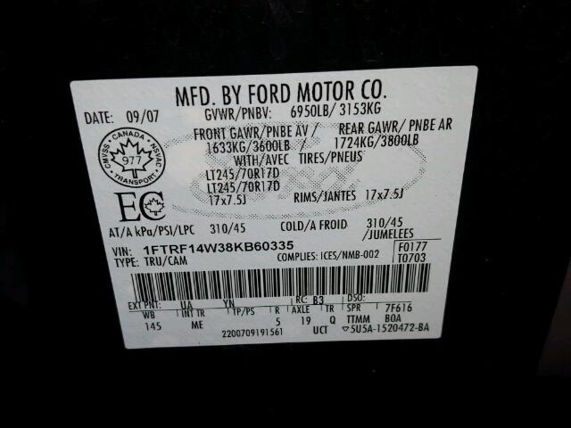 1FTRF14W38KB60335 - 2008 FORD F150 BLACK photo 10