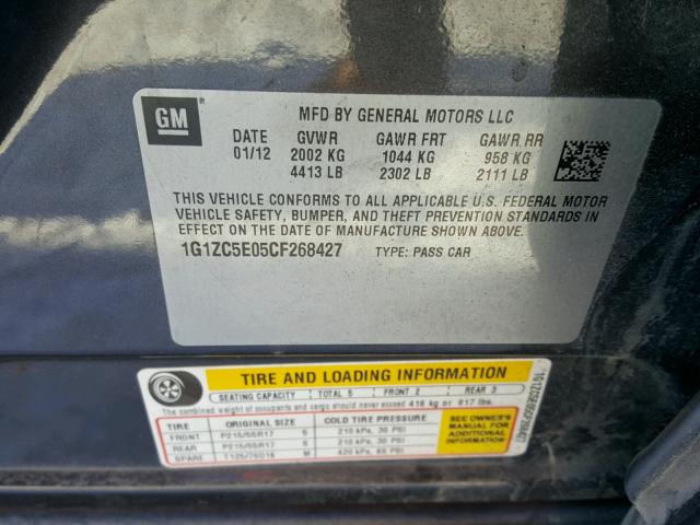 1G1ZC5E05CF268427 - 2012 CHEVROLET MALIBU 1LT 灰色 照片 10