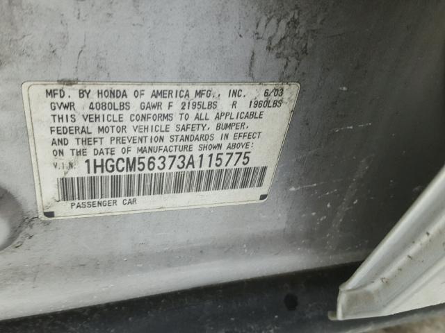 1HGCM56373A115775 - 2003 HONDA ACCORD LX SILVER photo 10