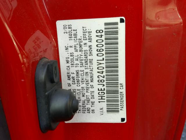 1HGEJ8240YL060048 - 2000 HONDA CIVIC EX RED photo 10