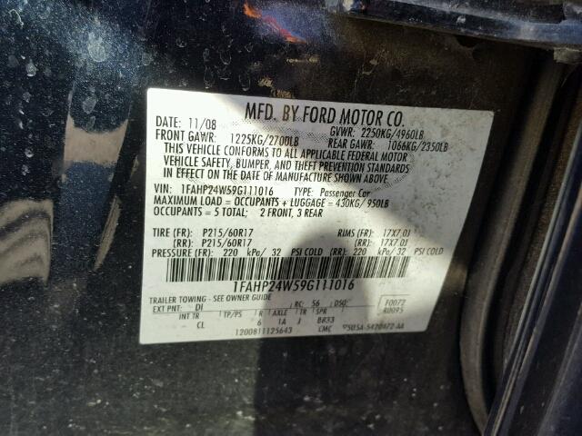 1FAHP24W59G111016 - 2009 FORD TAURUS SEL BLACK photo 10