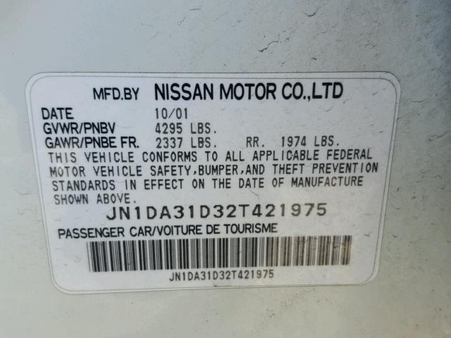 JN1DA31D32T421975 - 2002 NISSAN MAXIMA GLE WHITE photo 10