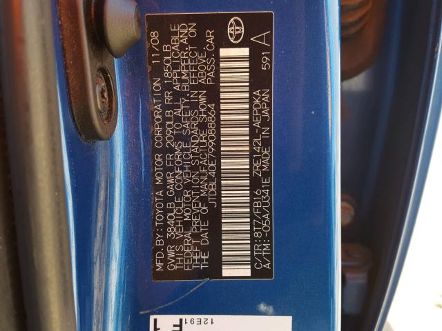 JTDBL40E799088864 - 2009 TOYOTA COROLLA BA BLUE photo 10