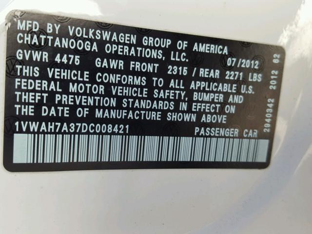 1VWAH7A37DC008421 - 2013 VOLKSWAGEN PASSAT S أبيض صورة 10