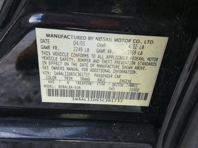 1N4AL11D65C361733 - 2005 NISSAN ALTIMA S BLACK photo 10