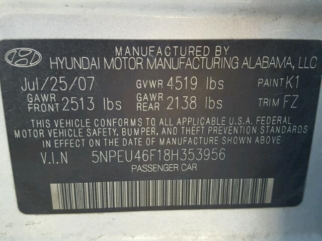 5NPEU46F18H353956 - 2008 HYUNDAI SONATA SE GRAY photo 10