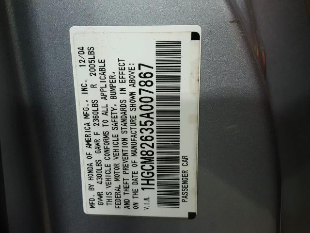 1HGCM82635A007867 - 2005 HONDA ACCORD EX SILVER photo 10