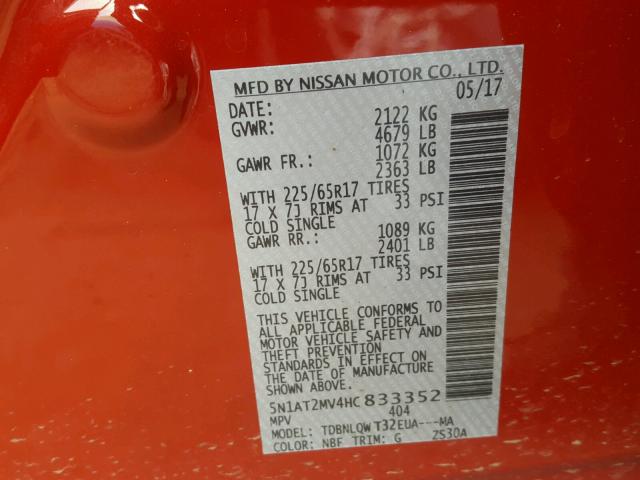 5N1AT2MV4HC833352 - 2017 NISSAN ROGUE SV RED photo 10